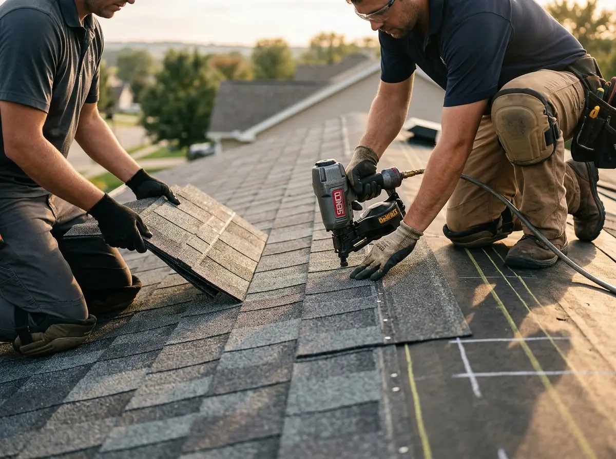Professional roofer working on a residential roof in Catonsville